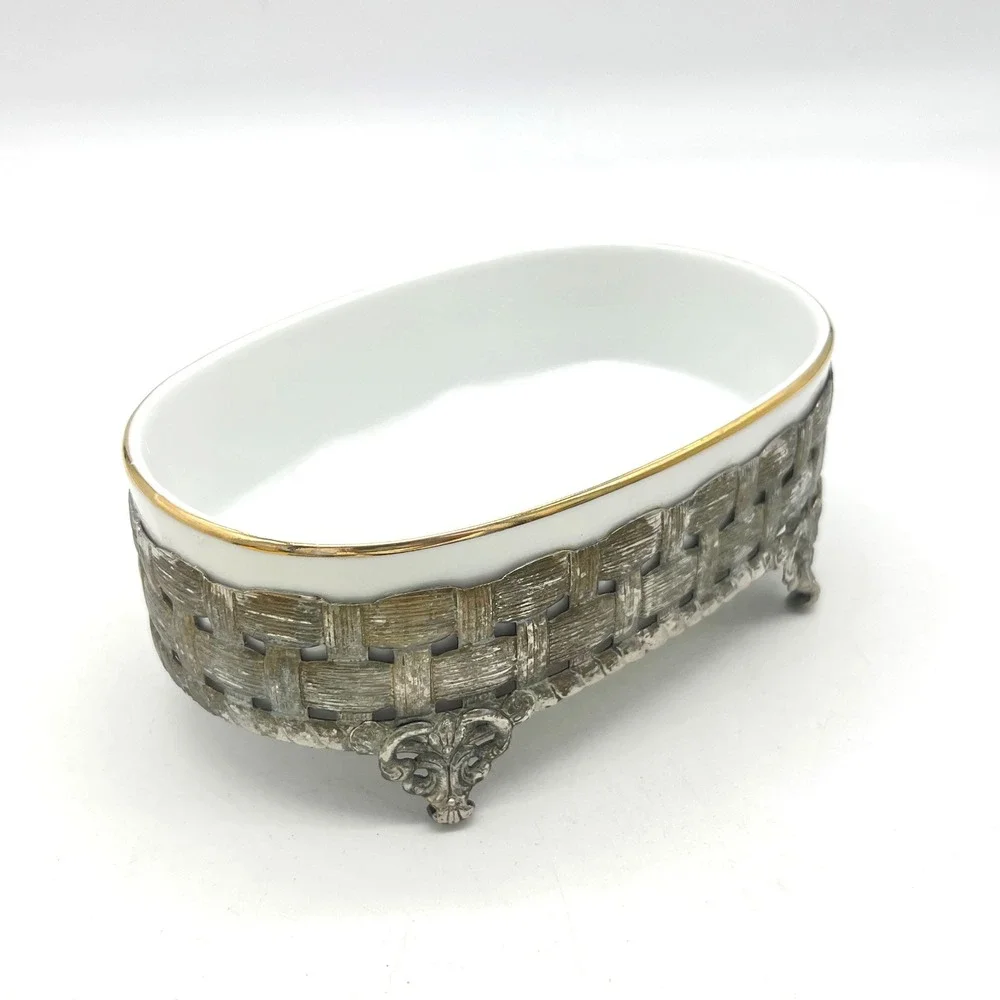 Vintage‎ Oval Ceramic Soap Dish with Ornate Silver Metal Footed Basket
